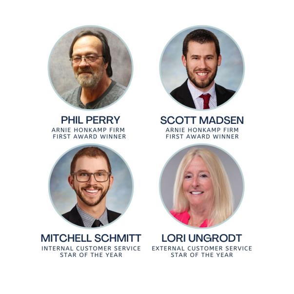 Four headshots with names, titles, and award names appear on a white background