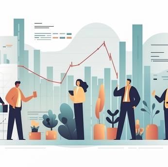 Digital illustration of rising and falling charts behind cartoon people and plants