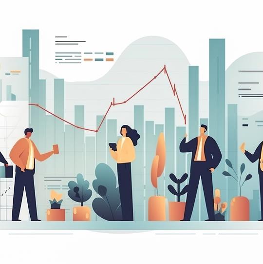 Digital illustration of rising and falling charts behind cartoon people and plants