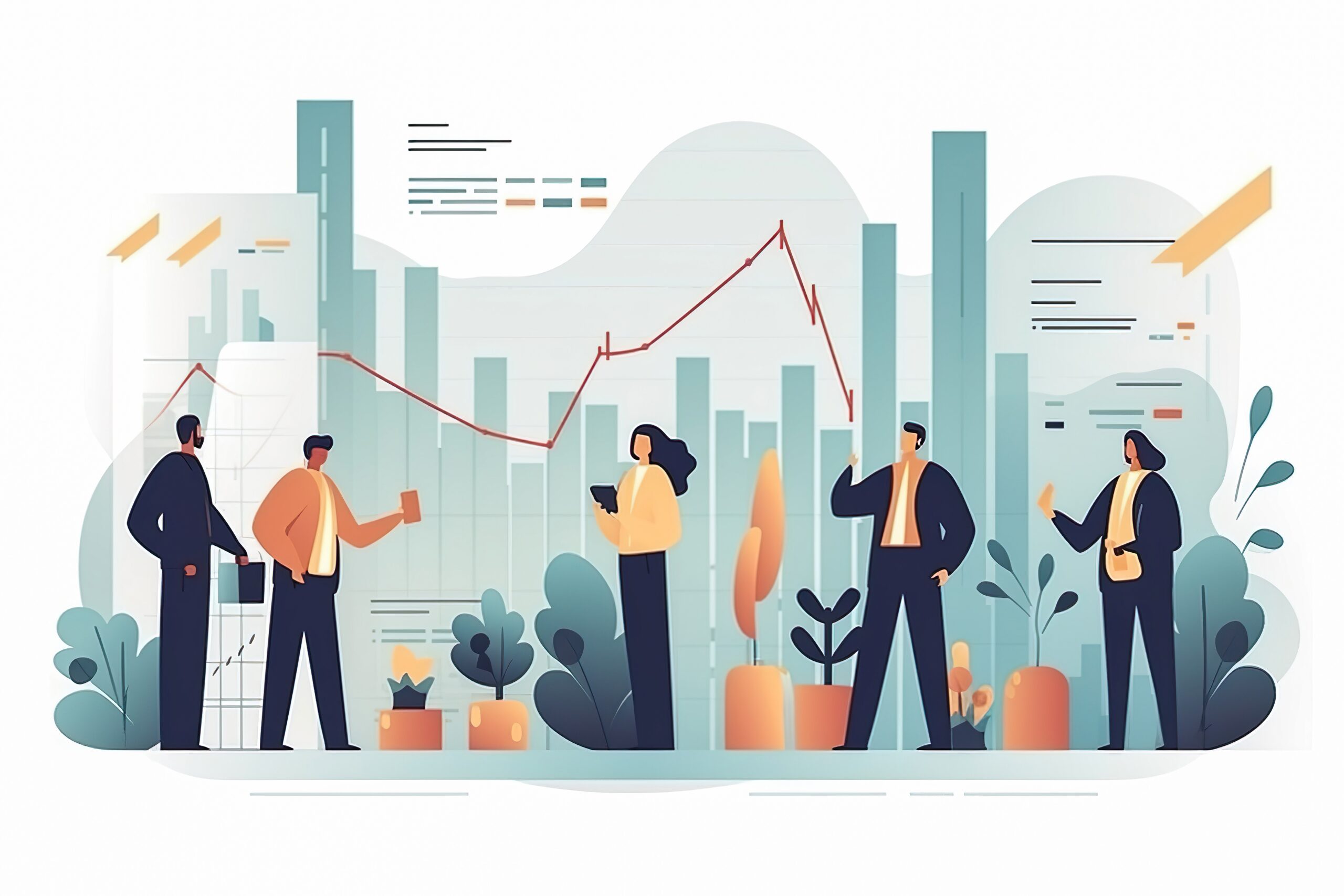Digital illustration of rising and falling charts behind cartoon people and plants