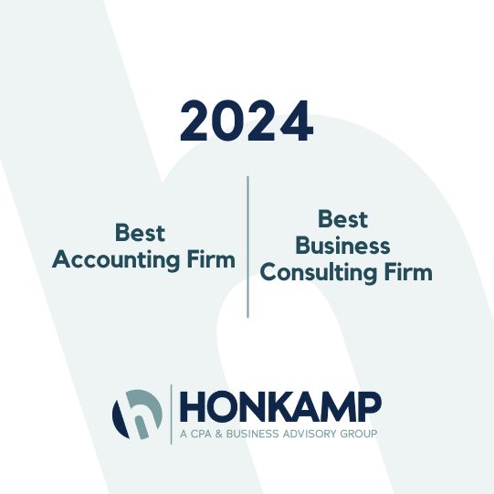 Text overtop of a pale lowercase h Honkamp logo reads "2024 Best Accounting Firm | Best Business Consulting Firm"