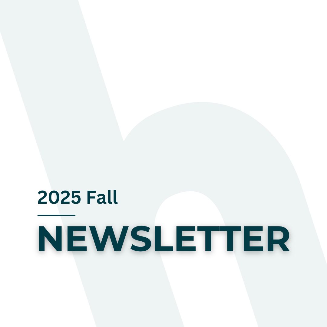 Overtop a pale lowercase h logo on a white background, text reads 