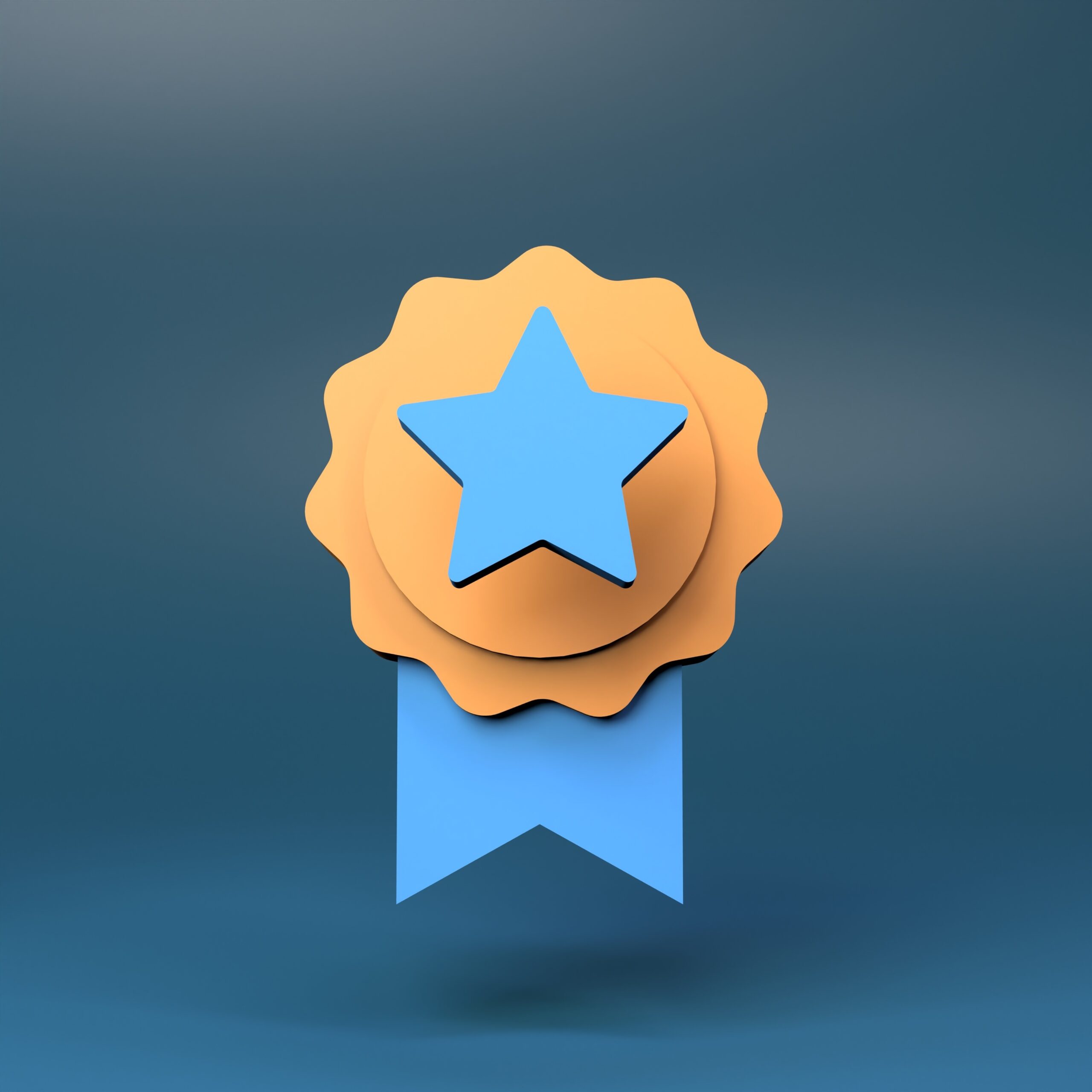 Digital rendering of a gold award with a blue ribbon and blue star in the center