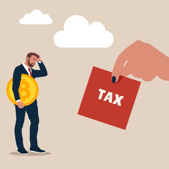 Cartoon of a businessman with a giant Bitcoin looking at a hand holding a big red square that says 