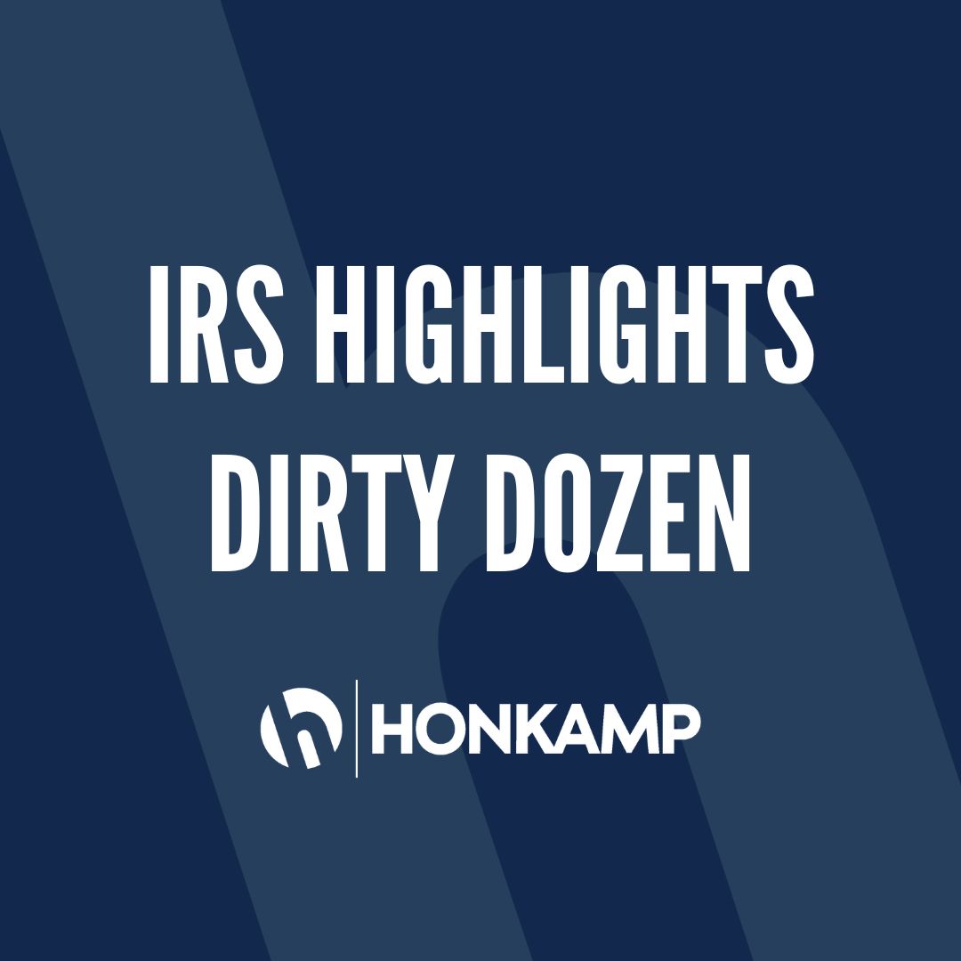 Text reads "IRS Highlights Dirty Dozen" over a dark lowercase h logo
