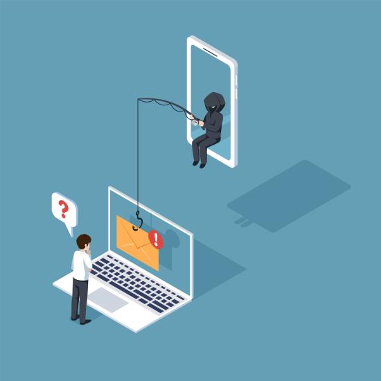 Cartoon illustration of a phishing attempt, where someone confused stands in front of a computer and someone else lowers a fishing pole attached to an envelope