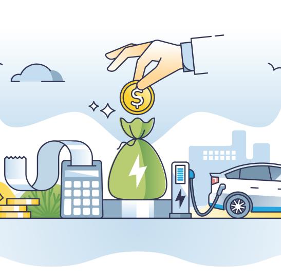 Cartoon drawing of a hand dropping a gold coin into a bag that is powering an electric vehicle