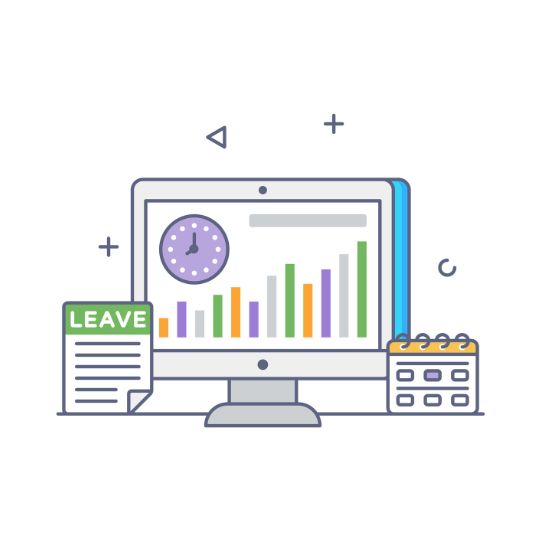 Cartoon illustration of a calendar, a leave notice, and a desktop monitor displaying a digital dashboard