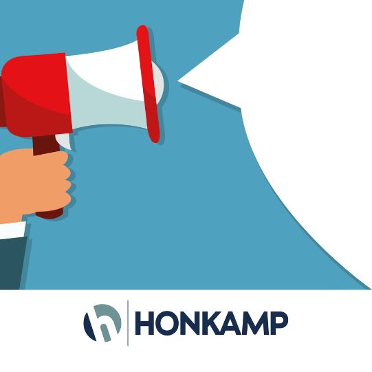 Cartoon of a speech bubble coming out of a megaphone above the Honkamp logo
